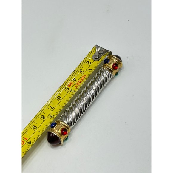 80s 90s Jeweled Bar Pin Brooch Two Tones Silver Gold Jewel Tones Glass Cabochons - Picture 7 of 7